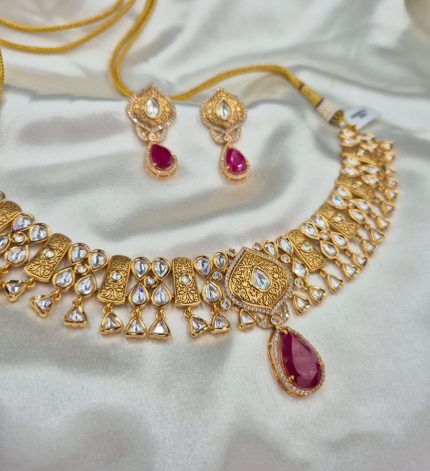 Aarya Polki Kundan Three Layer Ruby Necklace Set – Sims Blossoms UAE
